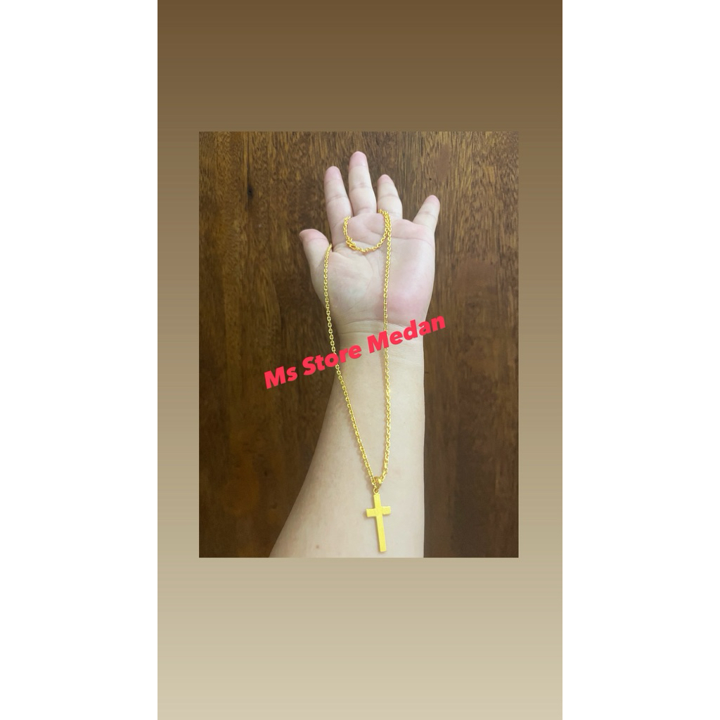 kalung salib rantai nori panjang pengait S cantik mirip emas asli