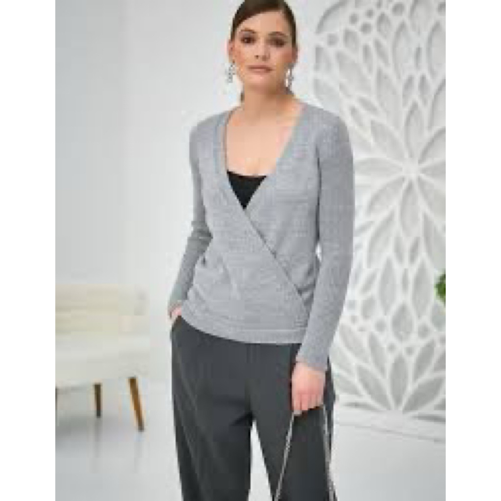 PRELOVED Giordano Ladies Light Grey V-Neck Long Sleeve Blouse Cardigan Fashion Wanita