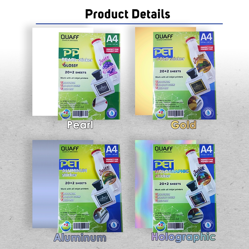 QUAFF  Tahan Air Label Stiker PET PP A4 (22 Lembar) Kertas Stiker Vinyl Inkjet Anti Air untuk Label 