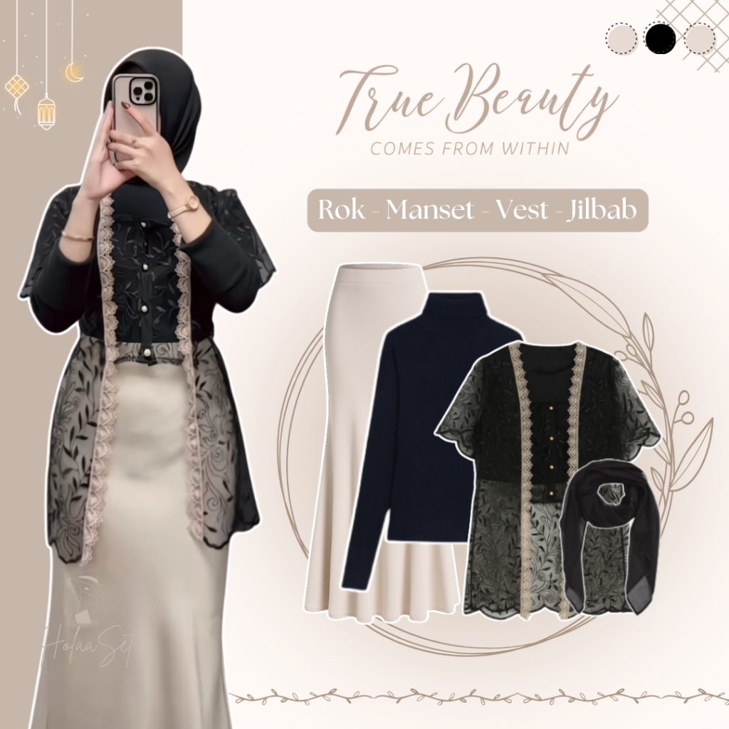 OOTD Setelan Kondangan Remaja (Vest Brokat - Manset - Rok Polos - Jilbab) One Set Lebaran HO211N