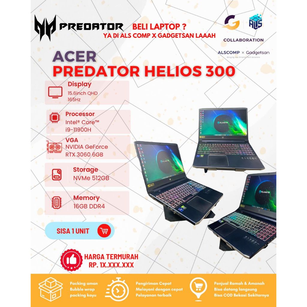 Laptop Gaming Acer Predator Helios 300 – i9 | RTX 3060 | QHD 165Hz | RGB Per-Key