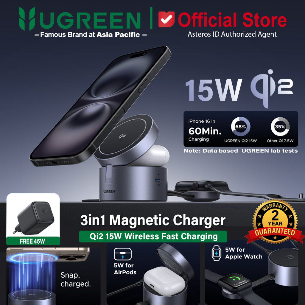 UGREEN UNO 3 IN 1 Magsafe Qi2 Wireless Charger Stand Magnetic Fast Charging 15W For iPhone Airpods &