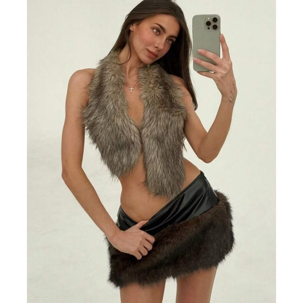 Backless Faux Fur Halter Top - top backless by karpetbulubdg