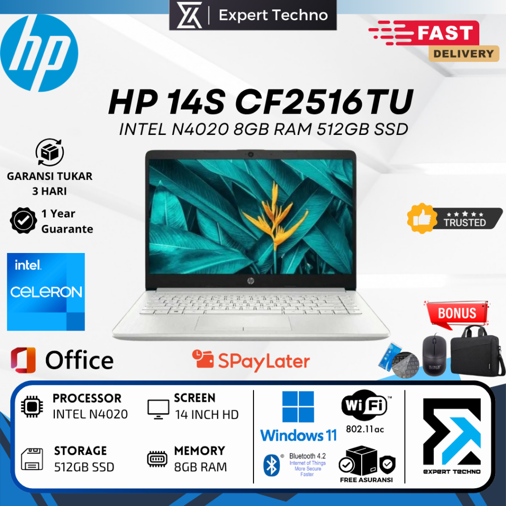 LAPTOP HP 14s Intel N4020 8GB 512GB SSD 14" Windows 11 CF2516TU