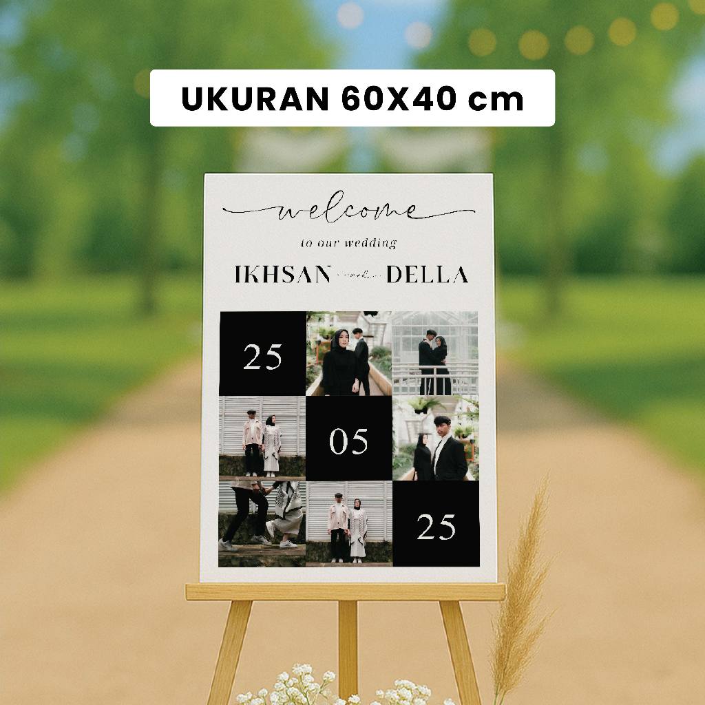 Cetak Foto Pernikahan [60x40CM] Welcome Wedding Sign Free Custom Foto Prewedding Bingkai Kayu BEE02