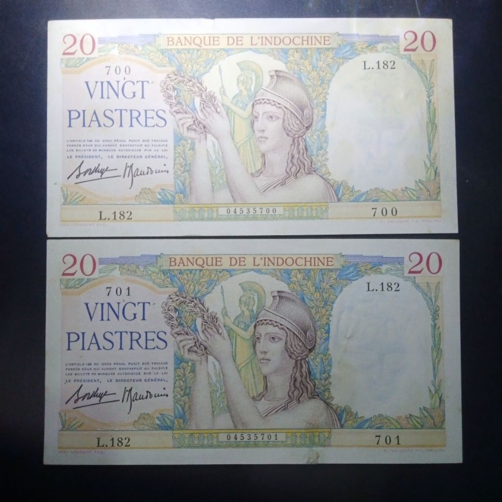Kertas Uang French Indochine 20 Piatres 1936 2 Lembar No Seri Urut Ada Minus