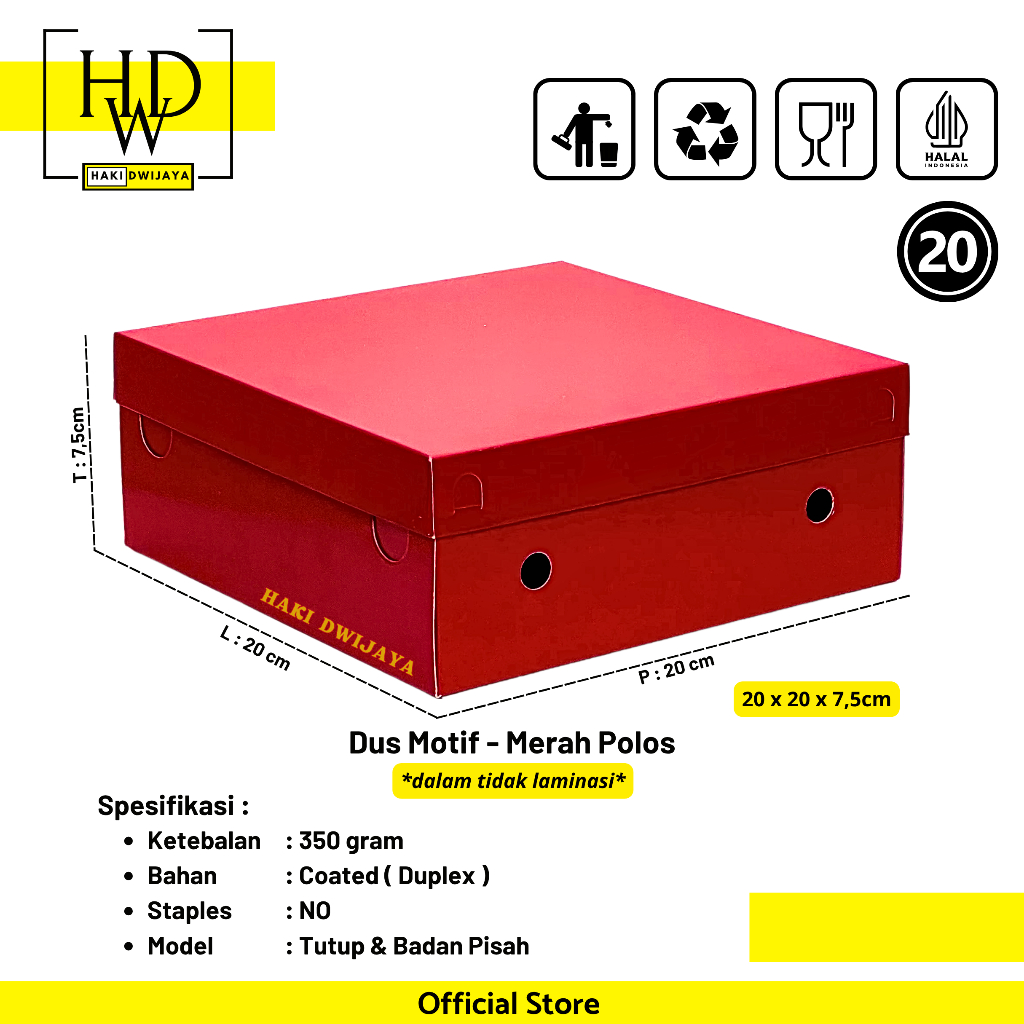 Kemasan Dus / Kotak Nasi dan Snack Ukuran 20x20x7,5cm Full Colour - Merah Polos
