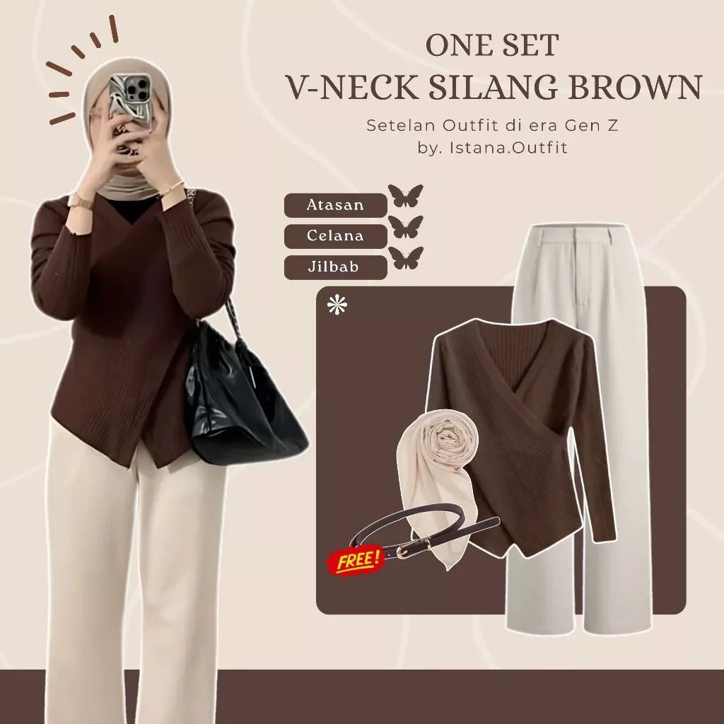 One Set Wanita Outfit Korean Style Blouse Knit + Celana Kulot + Hijab / Setelan Wanita Kekinian Ootd