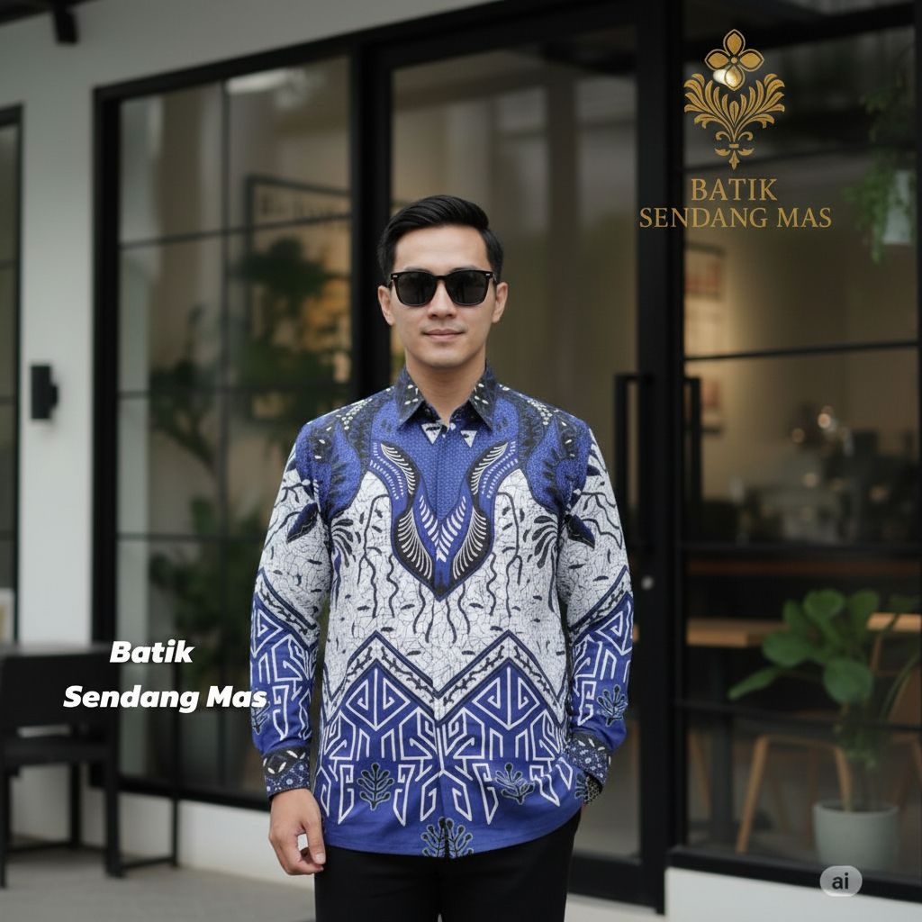 Kemeja Batik Pria Premium Lengan Panjang Batik Sendang Mas Motif Piramida Biru