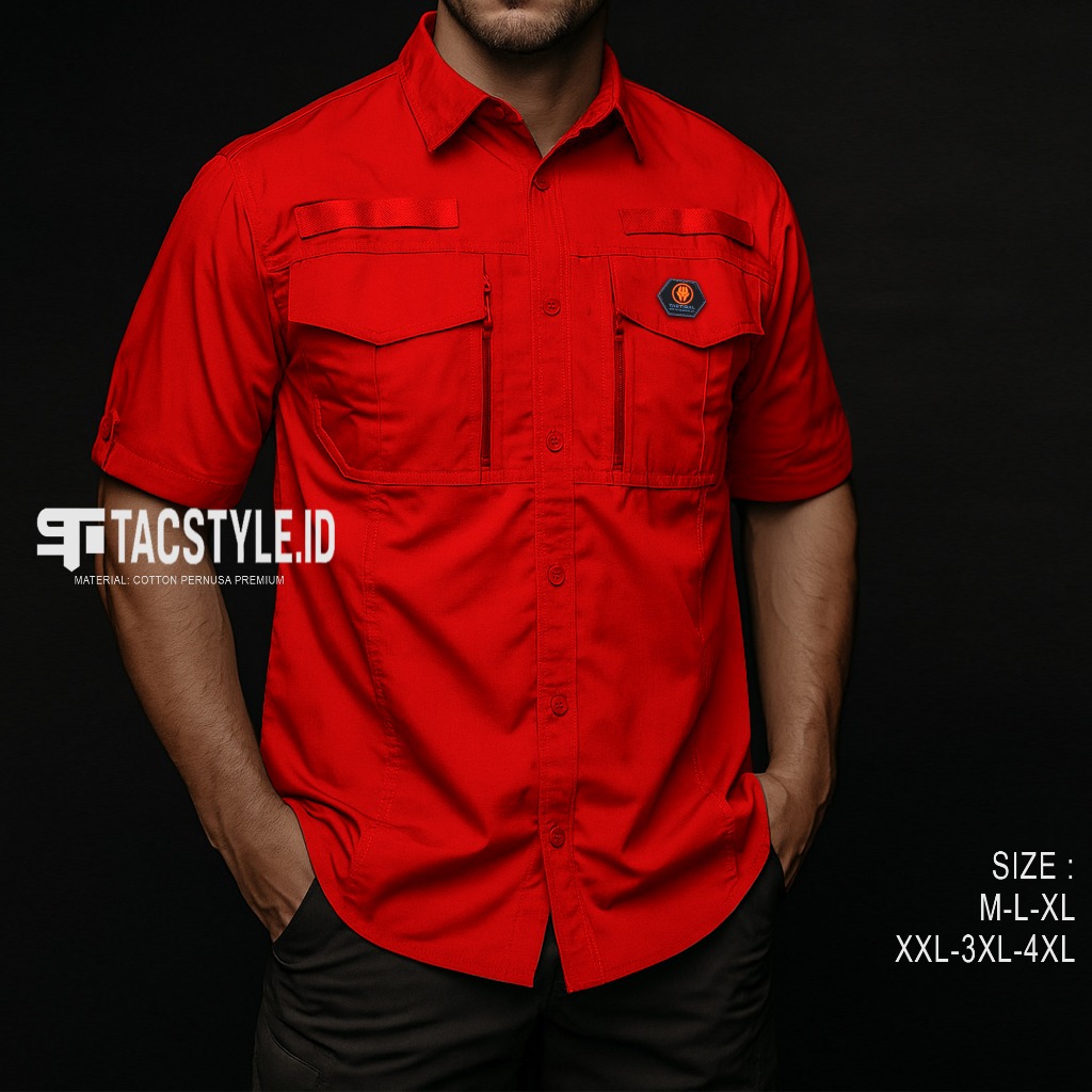 RG-TAC KEMEJA TACTICAL w-TAC LENGAN PENDEK / KEMEJA LAPANGAN PENDEK PRIA MERAH PREMIUM
