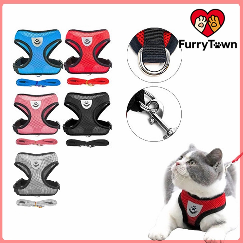 FurryTown - Harness Kucing Tali Rompi Bernapas Hewan Tali Hewan Peliharaan Tali Tuntun Reflektif