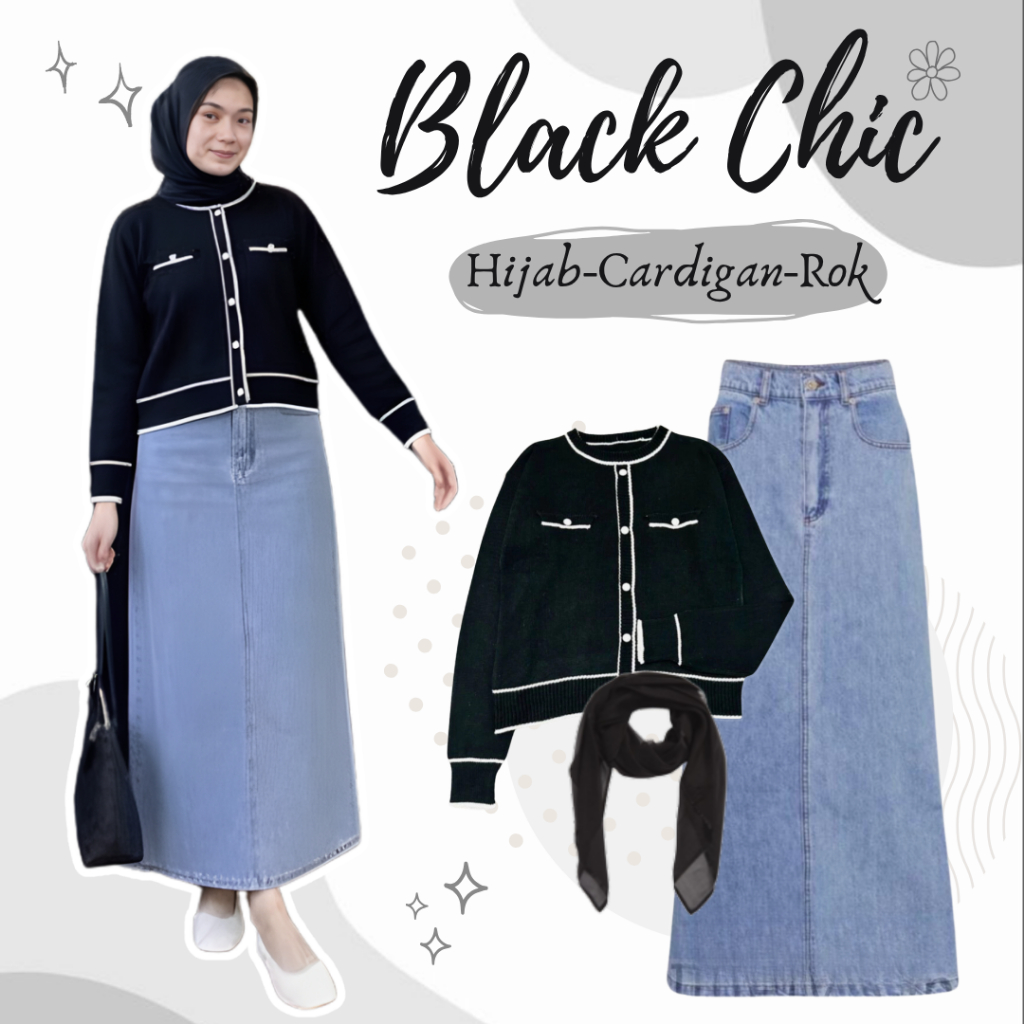 One Set Rok dan Atasan Korean Style (Cardigan Korean Style + Rok Jeans Wanita Korean Style + Hijab B