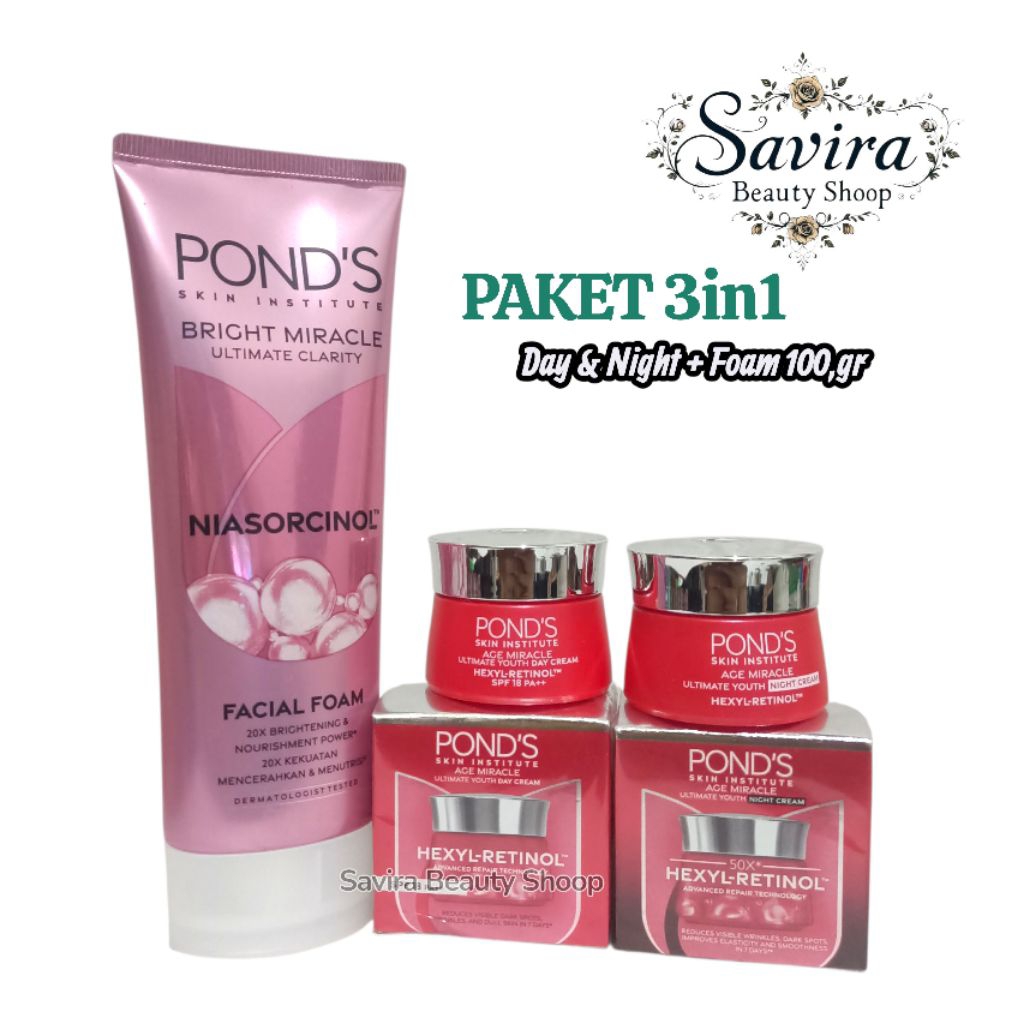 PAKET SKINCARE POND'S 3IN1 PONDS AGE MIRACLE DAY & NIGHT + FACIAL FOAM PING 100GR