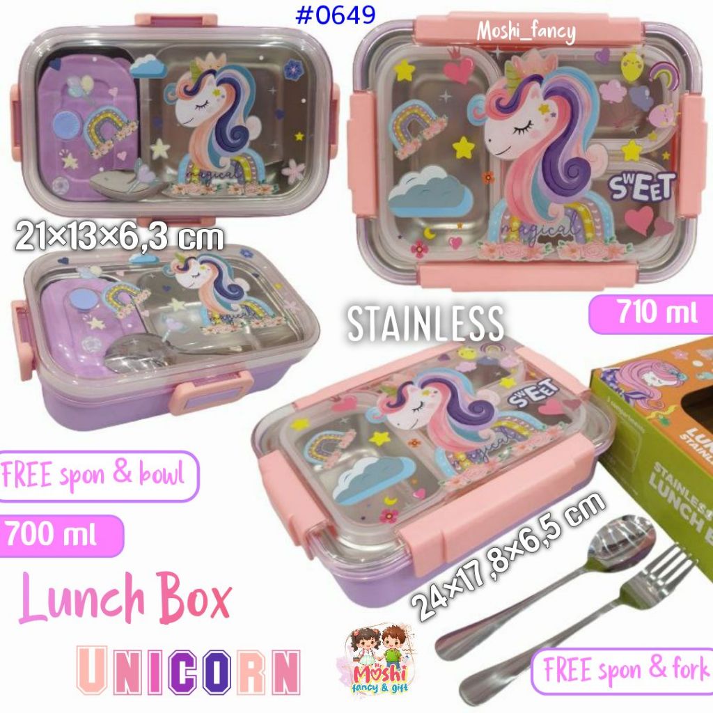 Lunch Box Stainless Motif Unicorn Sekat 2 dan Sekat 3 / Yummy Box Stainless Unicorn / Tempat Bekal A