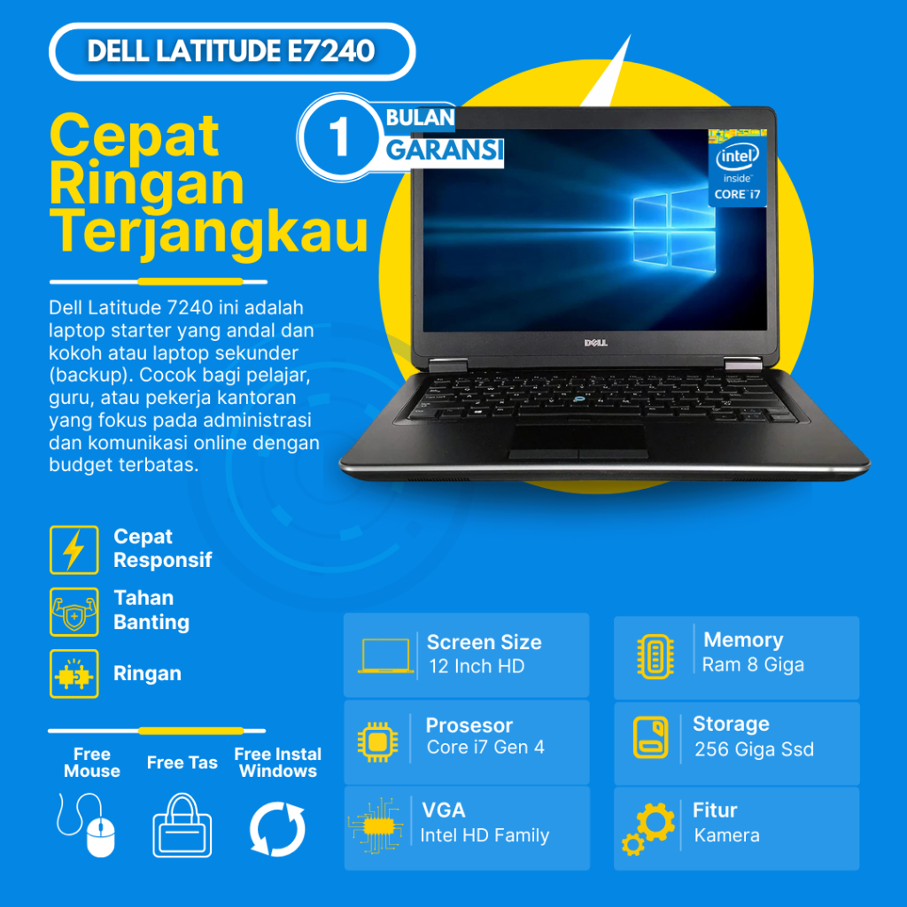 Dell Latitude E7240 Core i7 Gen4 Ram 8GB SSD 256GB 12inch Ultrabook