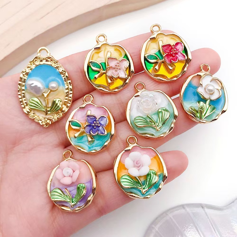 Gantungan Kunci Aksesoris, Charm Bunga Minimalis Oval, Ornamen Tas & Cantelan Kalung Charm Bunga Ova