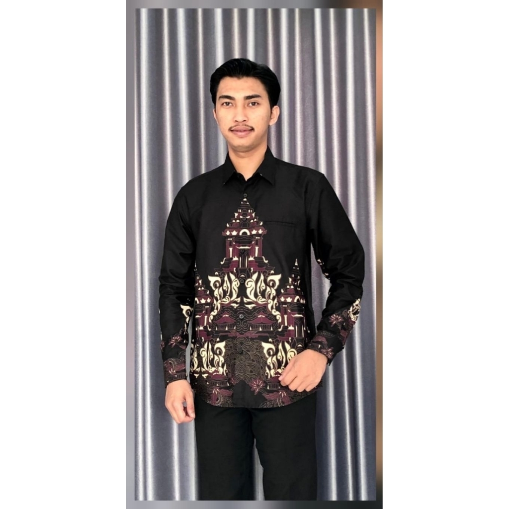Baju Batik Pria Lengan Panjang Katun Premium Motif Candi – Kemeja Batik Cowok Modern Hitam & Biru Do