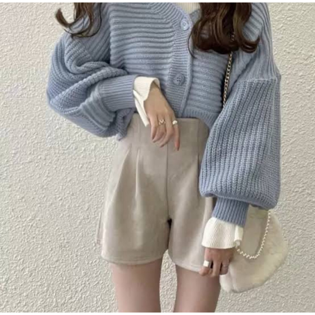 GRL crop knit cardigan - cardigan crop rajut lengan balon - babyblue knit cardigan