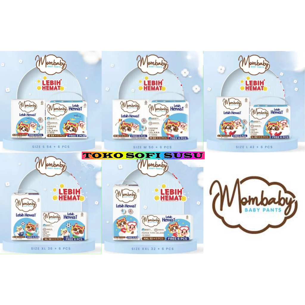 Mombaby kemasan baru S54+6 M50+6 L42+6 XL36+6 XXL32+6 popok celana mombaby