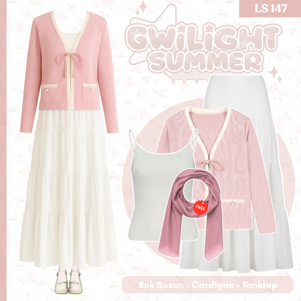 Outfit Set Gibli Summer | Cardigan, Rok Susun, Rok Motif, Tanktop, Hijab Bella Square | LS147