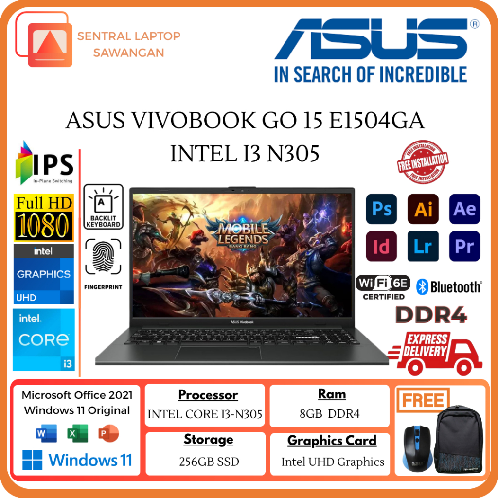 ASUS Vivobook Go E1504GA Intel CORE i3 N305 RAM 8GB 256GB SSD 15.6 Inch Full HD Windows 11 Ori