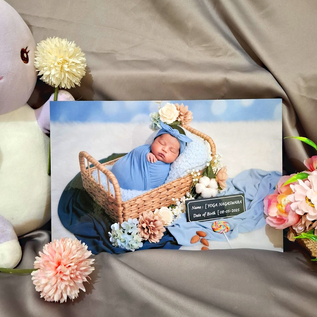 Newborn Photoshoot cetak dan pigura MDF A4 walldecor custom biodata kelahiran bayi gift baby biodata