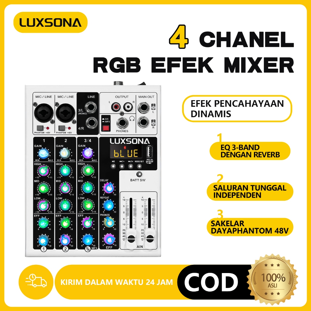 mixer 4 channel/misker audio pencahayaan RGB/Mixer mini audio/Mixer EQ dan Reverb Profesional/Blog K