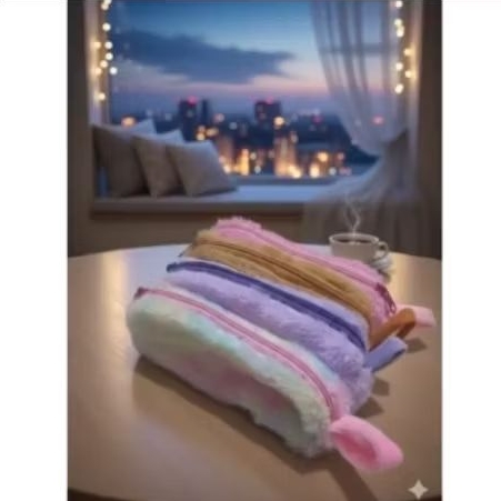 KOTAK PENSIL BULU RAINBOW COKLAT PINK UNGU