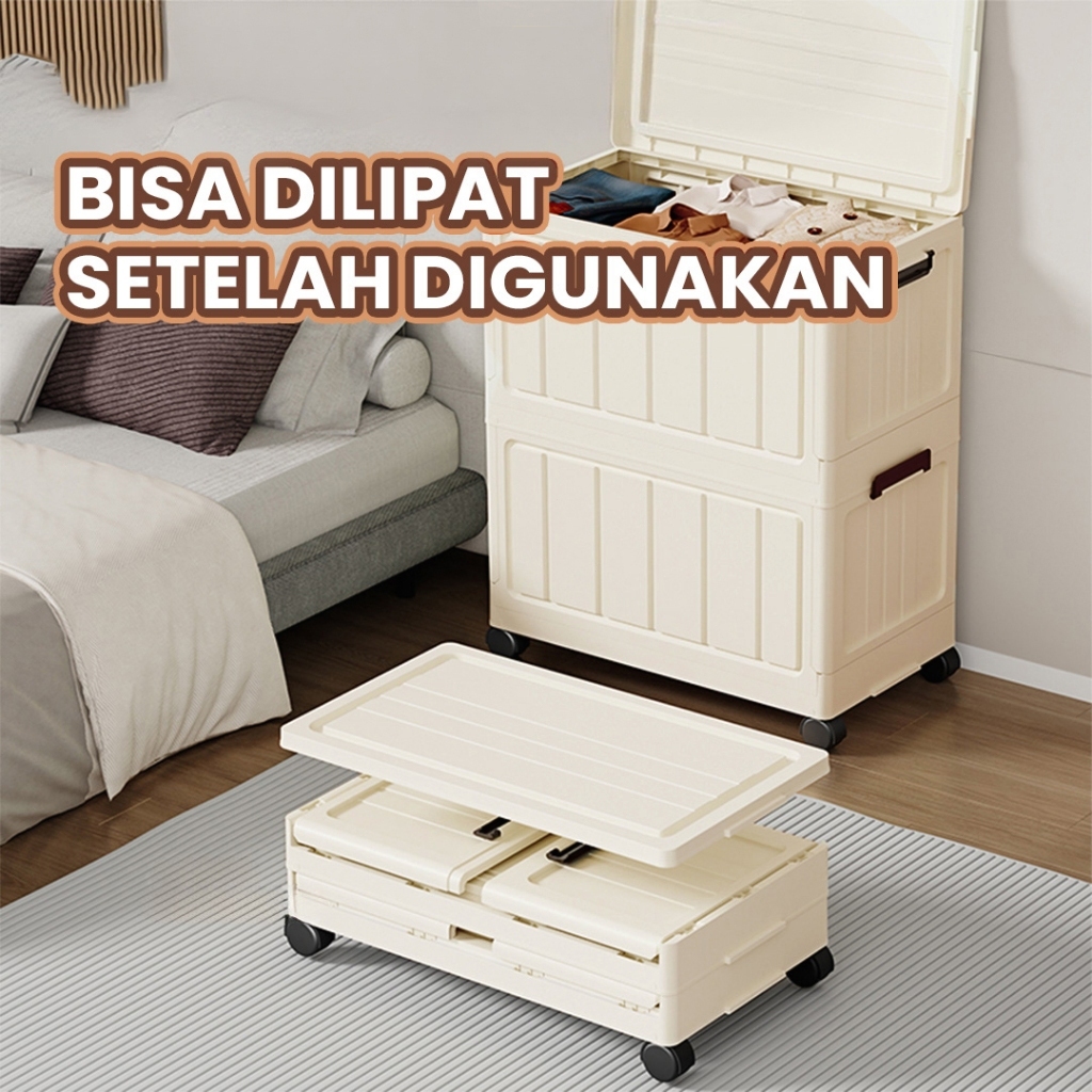 Kotak Penyimpanan Flip-Top Lipat Multifungsi Roda Universal - Box Simpan Pakaian, Buku, Mainan,
