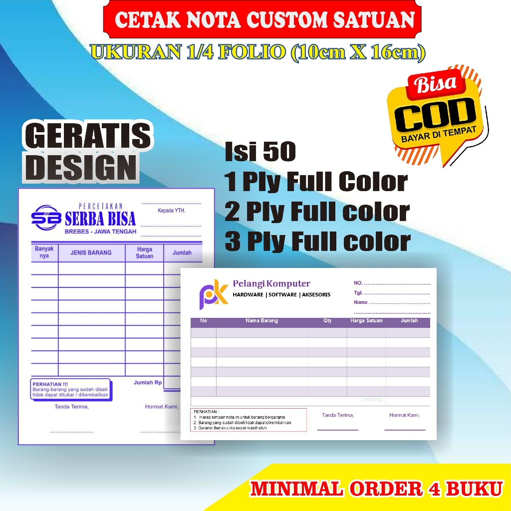 KWITANSI CUSTOM 1 PLY / 2 PLY / 3 PLY UKURAN 1/4 FOLIO ANTI AIR
