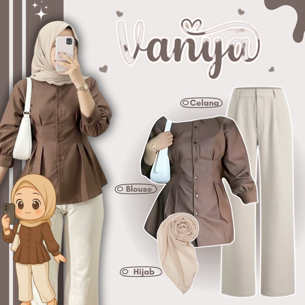 Setelan Wanita Earth Tone ( Blouse Brown - Celana Knit - Hijab Bella ) OOTD Hangout Kekinian |YW008