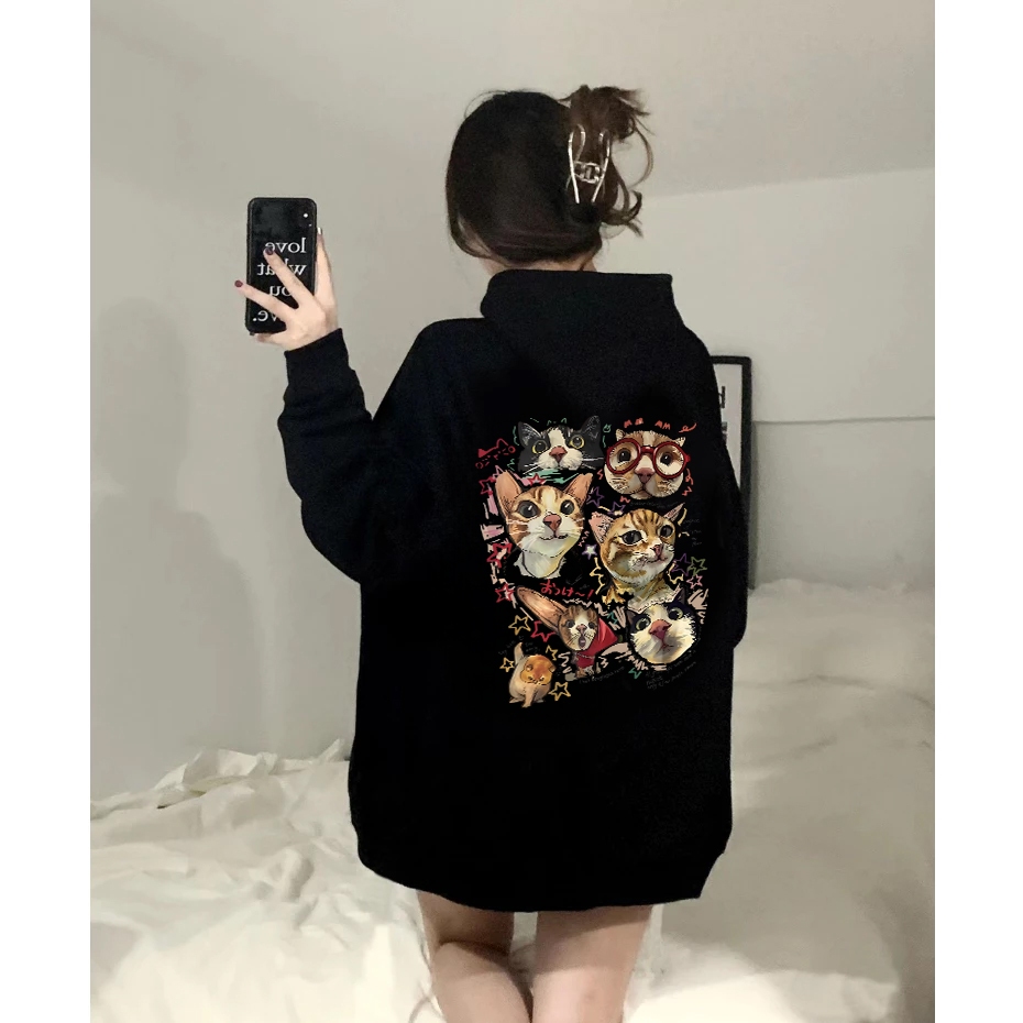 MONSEUR Hoodie lengan panjang dengan motif kucing lucu untuk wanita Korea/Sweater Korea Lengan Panja