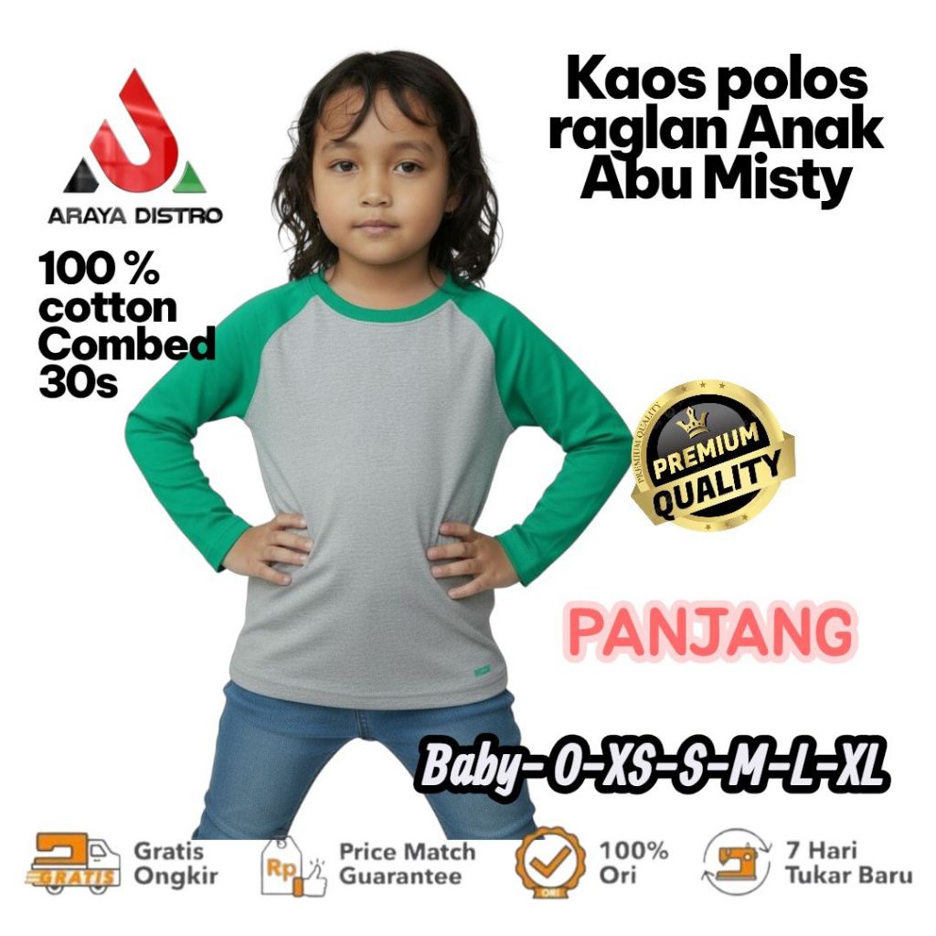 ARAYA KAOS POLOS RAGLAN MISTY/LENGAN PANJANG ANAK/COMBED 30S