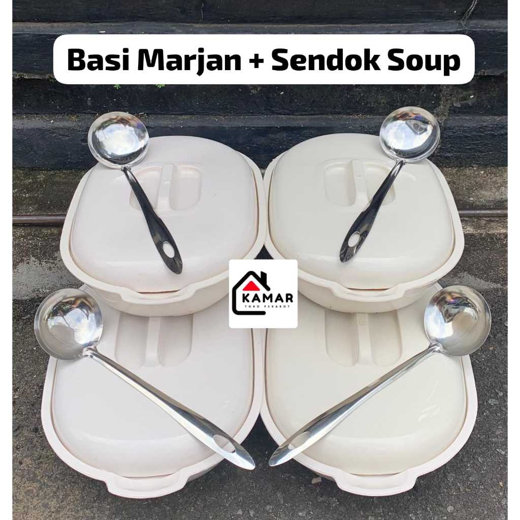 Basi Oval Marjan CLIO Putih + Sendok Soup Stainless Set isi 4 pcs &  6 Pcs Prasmanan Plastik
