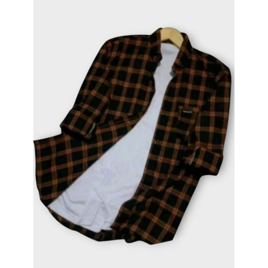 Kemeja Flanel Lengan Panjang Hitam Dua Garis Coklat Kemeja Pria Lengan Panjang Kotak Kotak Terbaru