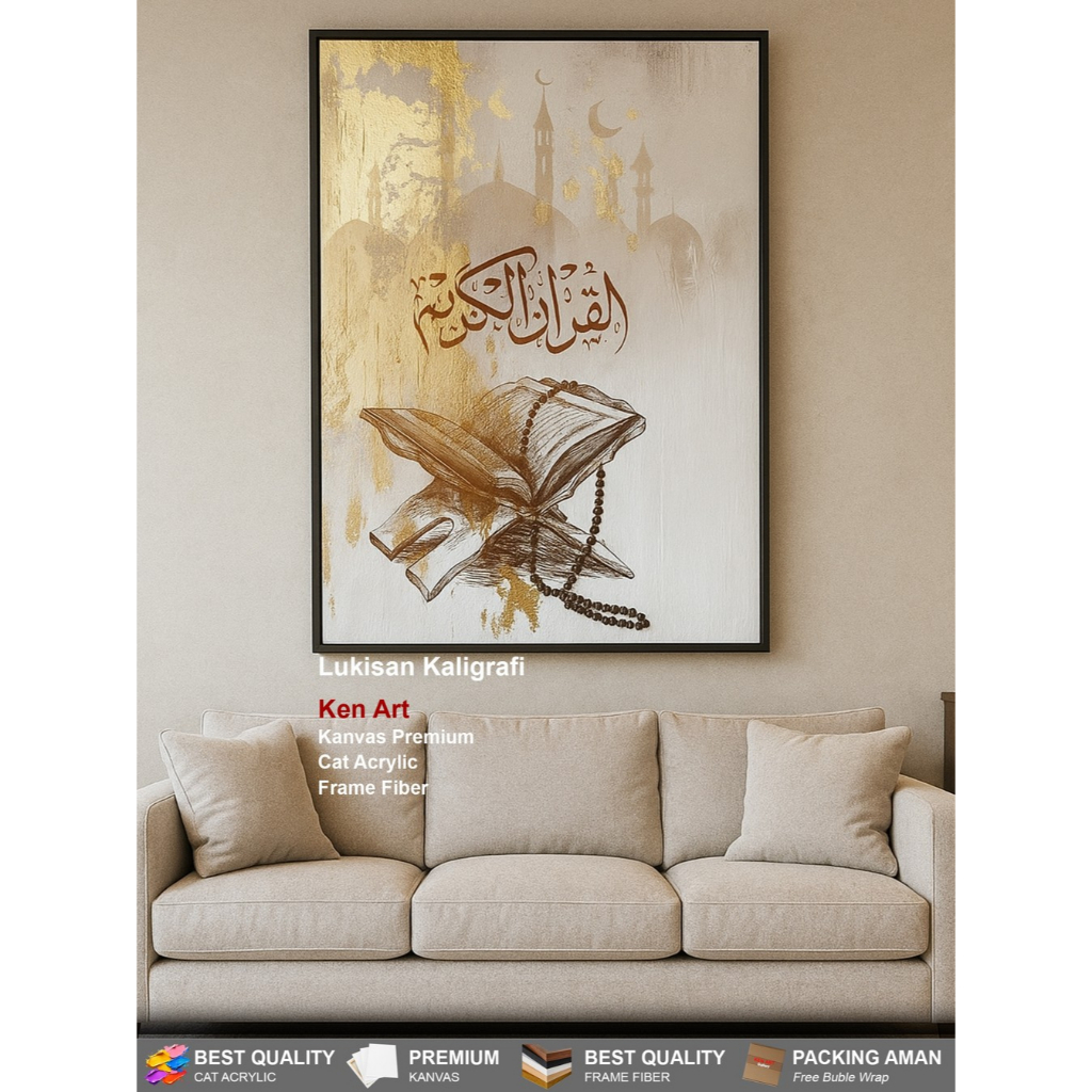 lukisan kanvas kaligrafi tekstur tebal hiasan dinding cantik Islami aesthetic modern 3D Ken Art