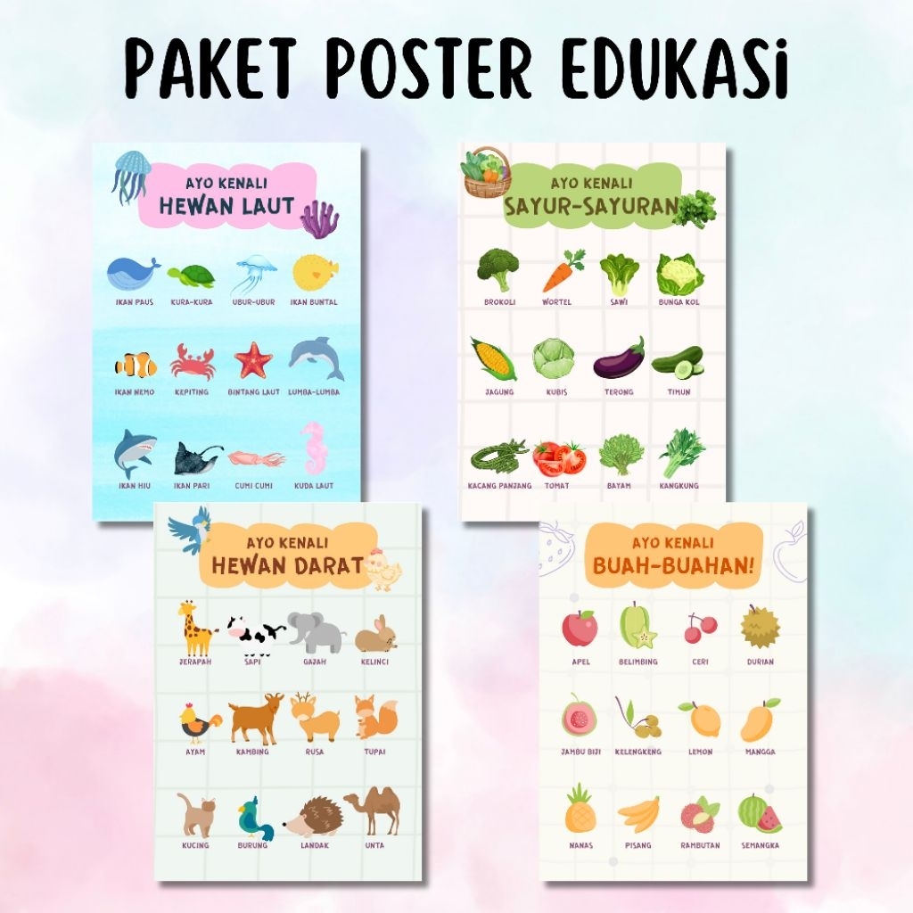 PAKET POSTER EDUKASI MENGENAL HEWAN DARAT, HEWAN LAUT, SAYURAN DAN BUAH