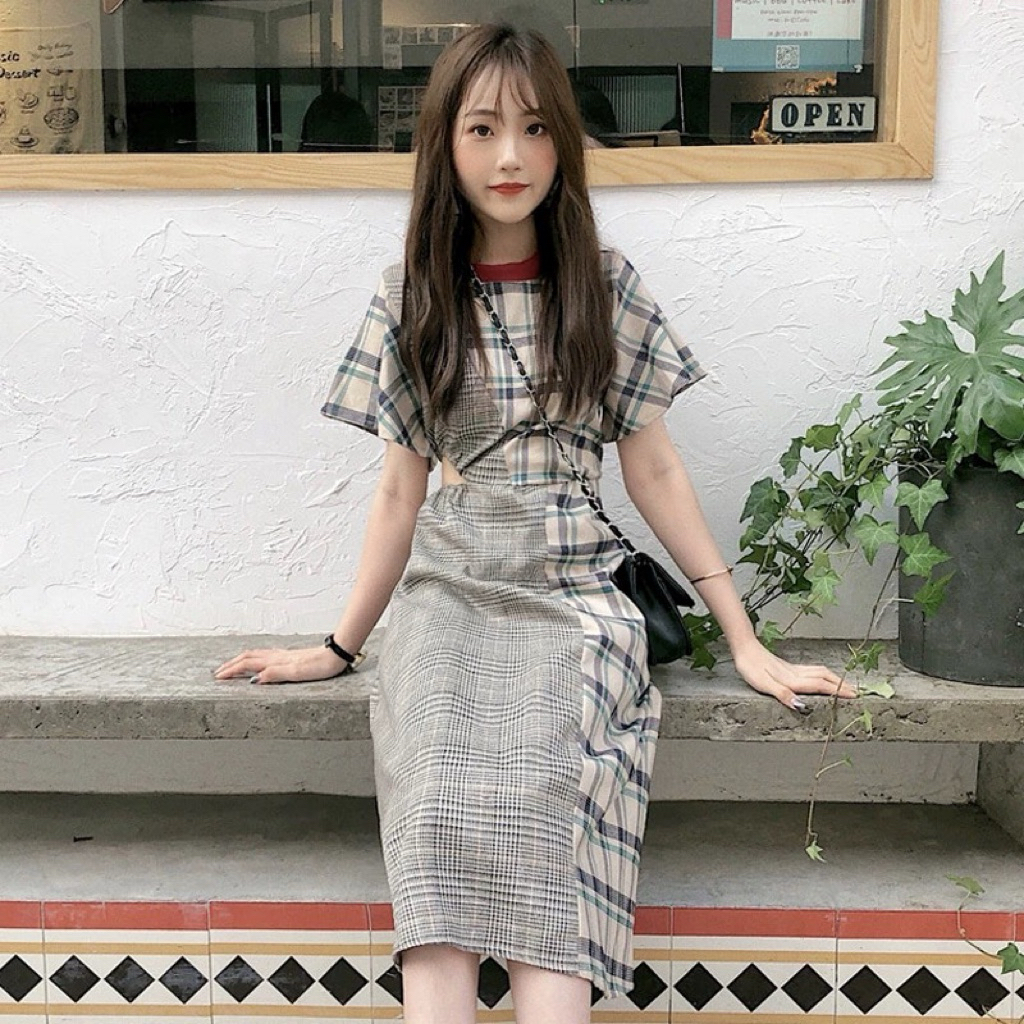 Dress wanita korea abu kotak