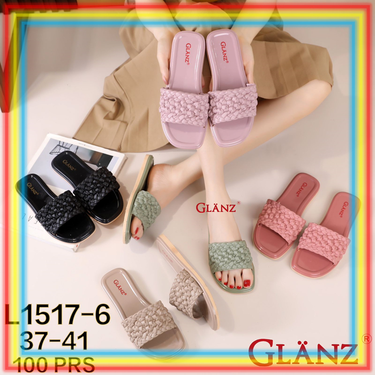 L1517-6 Sandal Selop Karet Cewek Glanz Sendal Slop Karet Wanita Ban Dua Motif Kepang Bulat Glanzton