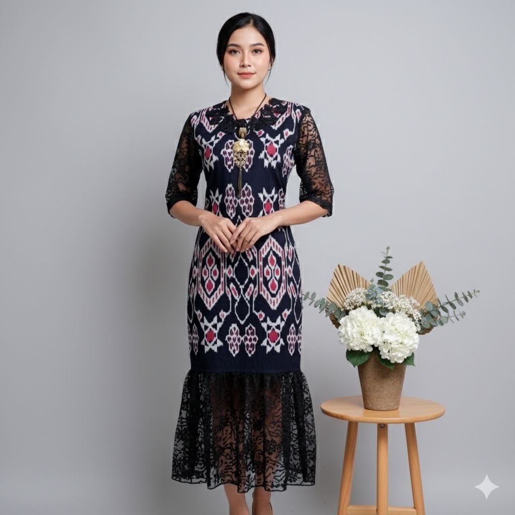 dress tenun etnik motif kepiting mix brokat