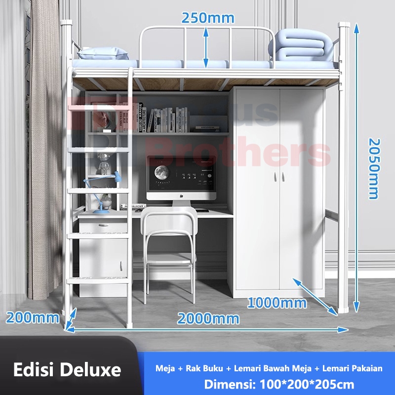 Tempat tidur besi tingkat atas, lemari besi tingkat bawah + rak buku + meja, tempat tidur tingkat