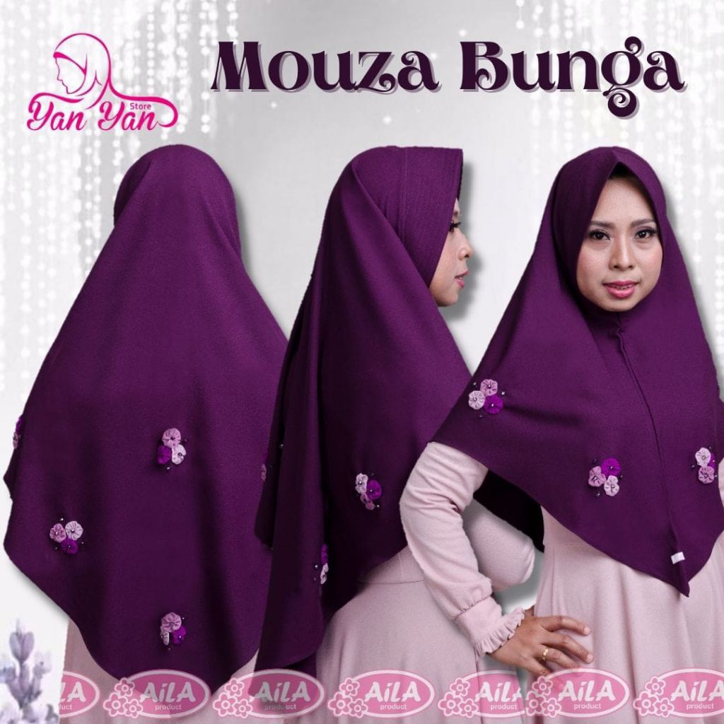 Mouza Bunga Standard Original Khimar Handmade Bunga 3D Mix Permata by Aila Bergo Handmade Simple Ant