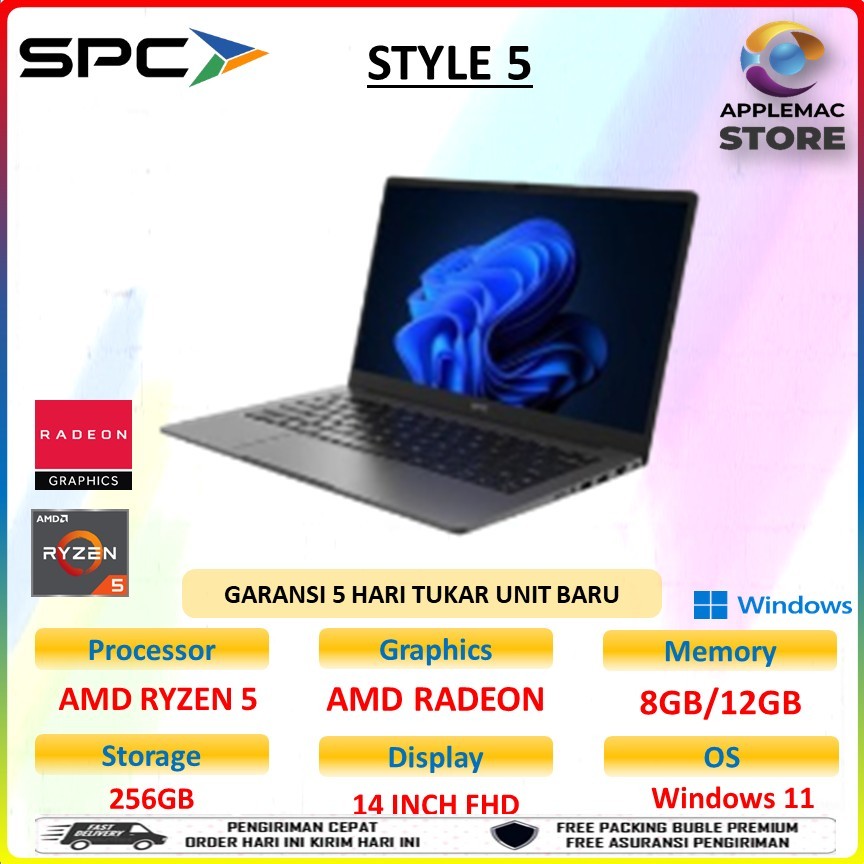 Laptop Ryzen 5 SPC Style 5 AMD Ryzen 5 3500 8GB 256GB SSD 14FHD IPS Backlit Keyboard
