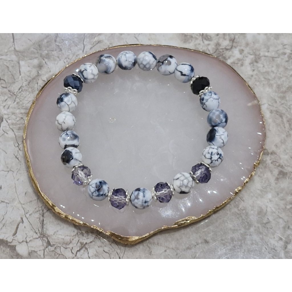 Gelang Manik Batu Alam Howlite Kristal Hitam Putih - Gelang Handmade