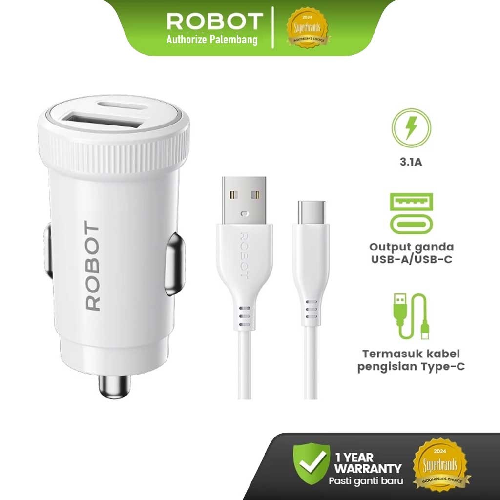 ROBOT Car Charger Dual Port USB-A Type C 3.1A – Include Kabel Type C Fast Charging Smart Protection 