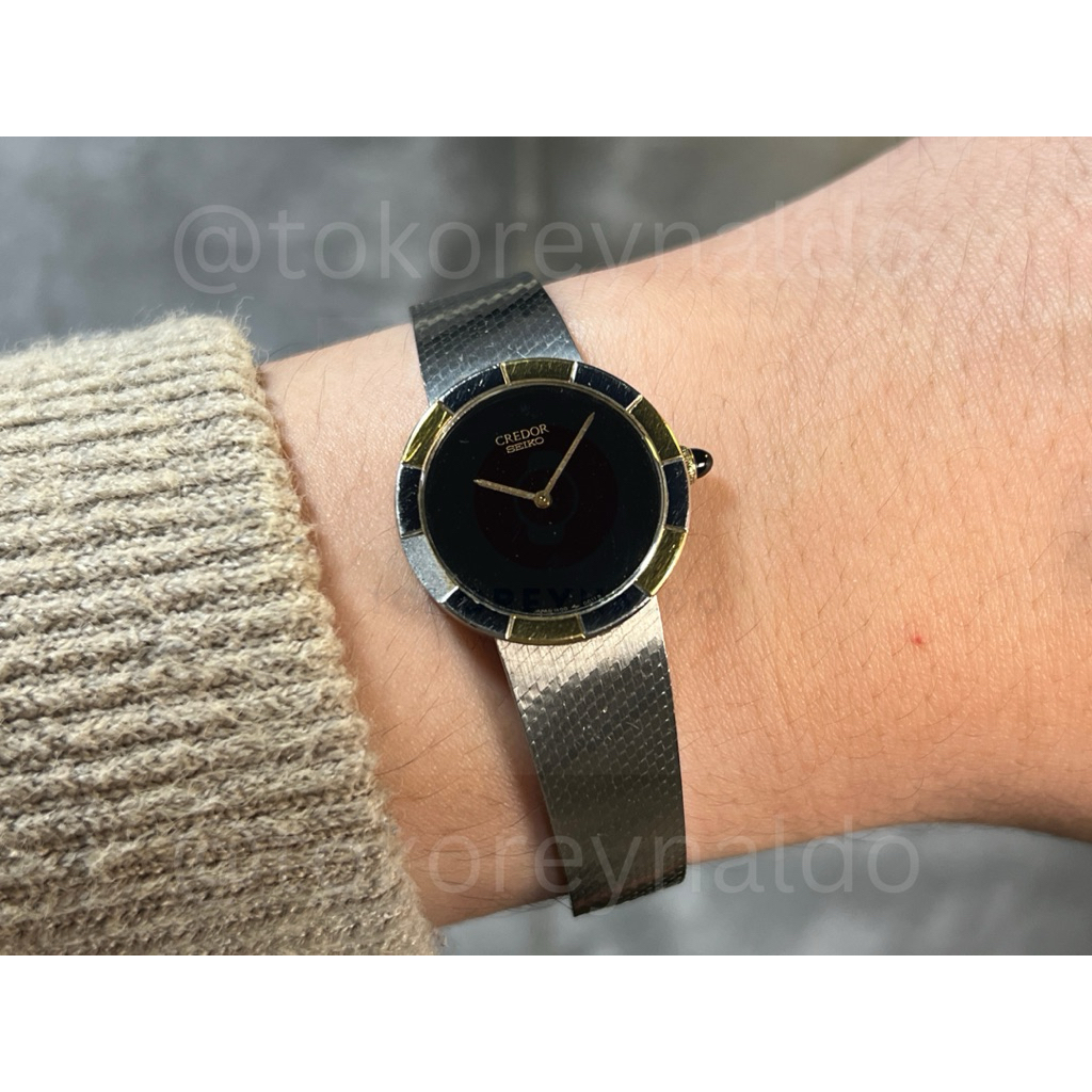 JAM TANGAN VINTAGE SEIKO CREDOR BRACELET TWO TONE BEZEL BLACK DIAL 1400-0010 LX1545