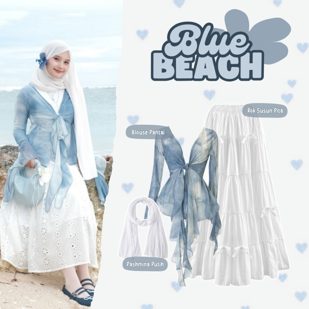 sharenaoutfit - 3 IN 1 One Set OOTD Pantai Hijab Kekinian Outfit Pantai (Outer + Rok Susun Pita + Hi