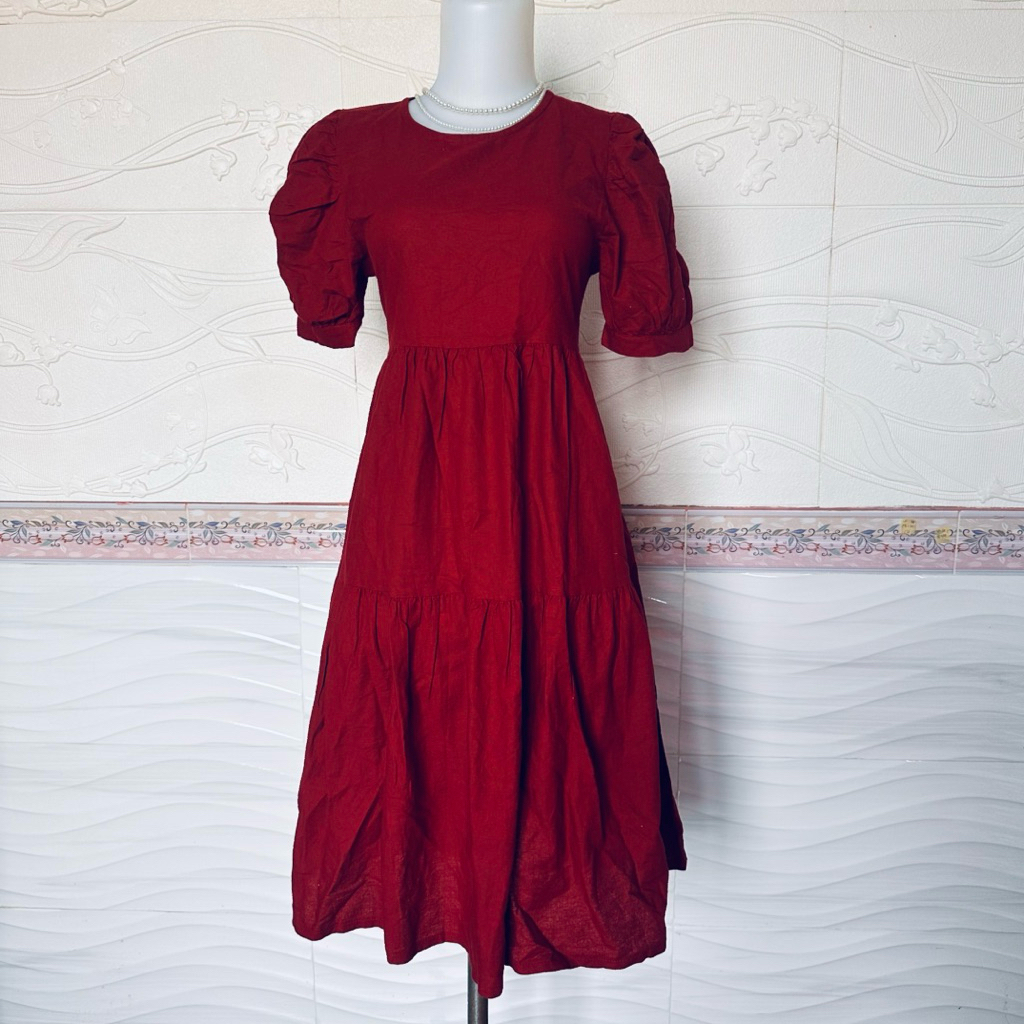 Merah maroon lengan balon umpak dress prelove