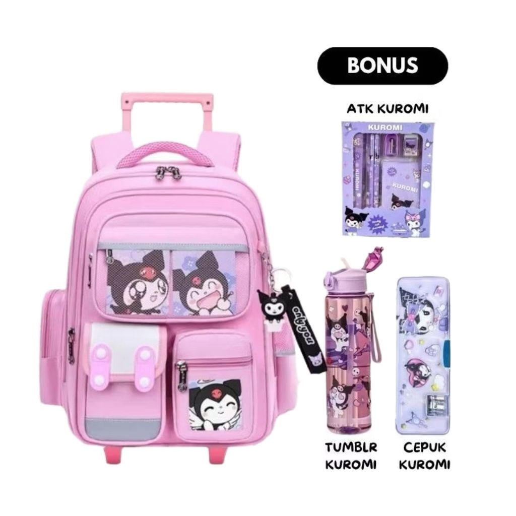 Tas Ransel Troli 4in1 Kuromi Ransel Anak Sekolah Perempuan TK SD SMP Free ATK+Botol Minum+Tempat Pen