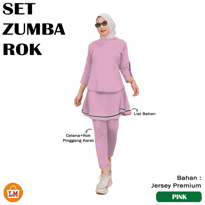 LM 36565 SET ZUMBA ROK Setelan Baju Skirt Olahraga Wanita Muslimah Lengan Panjang Bahan Jersey Size 